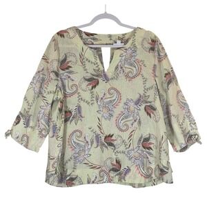 J Jill Love Linen Paisley Floral 3/4 Sleeve Top Sz L Petite Pale Yellow Tie Cuff